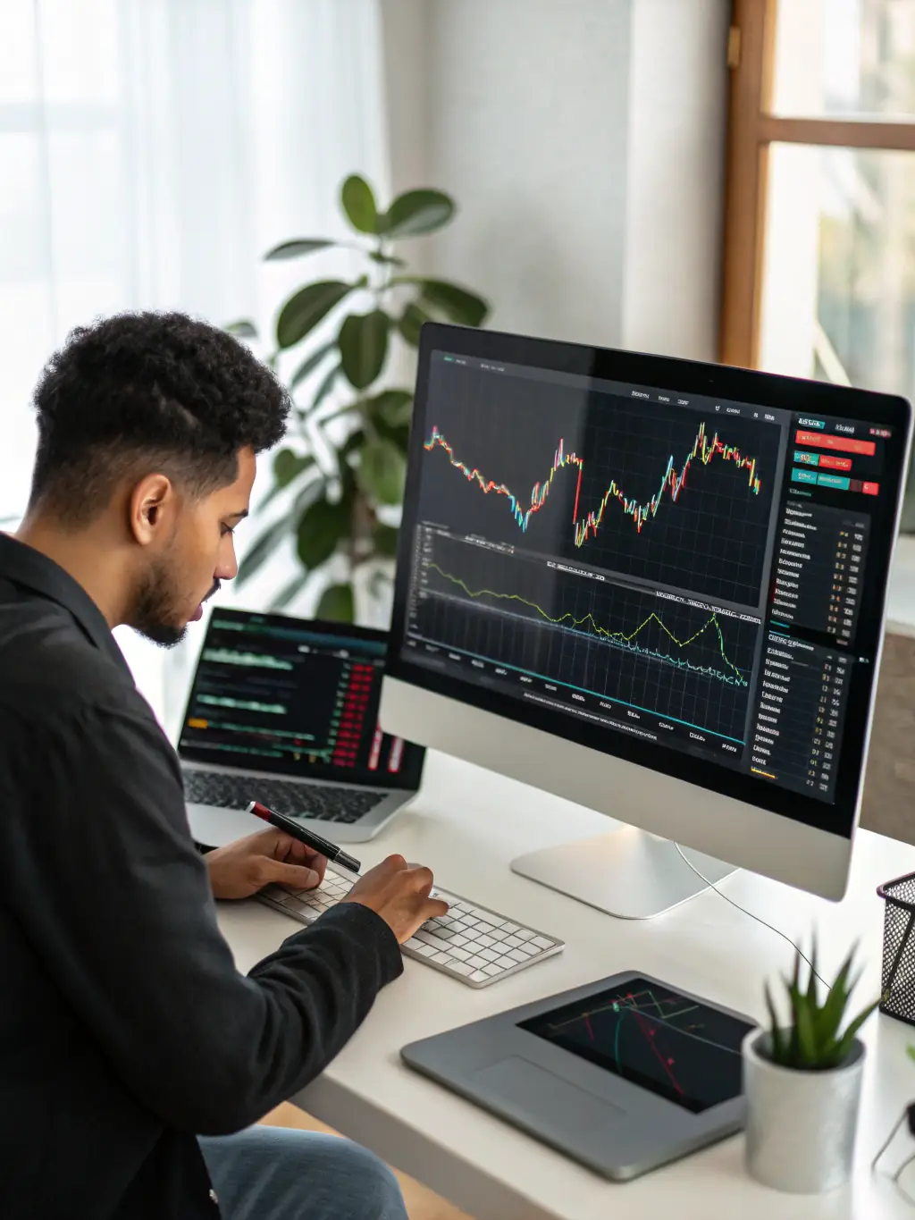 A close-up shot of a computer screen displaying cryptocurrency trading charts, symbolizing digital asset investments.